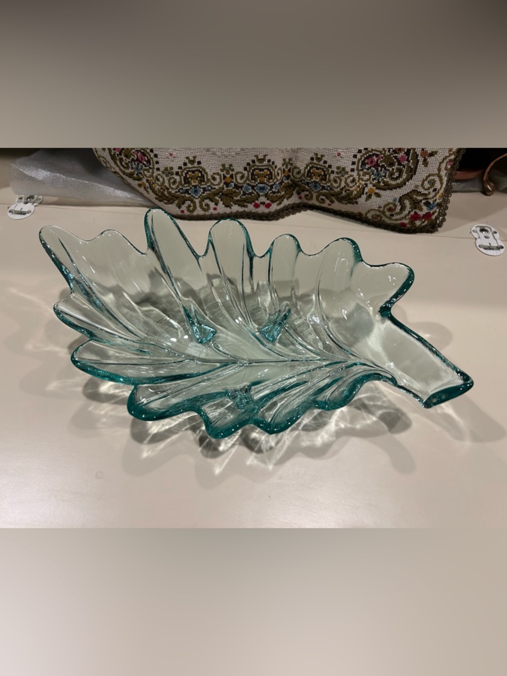 Vtg Sea Glass Teal Leaf Glass Decorative Bowl - Home Art